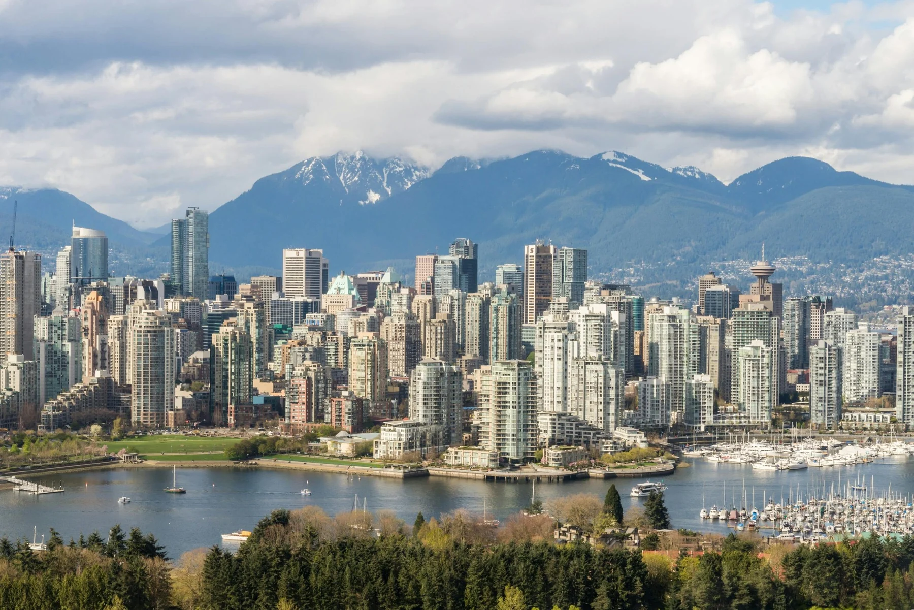 Vancouver skyline with residential towers and mountains