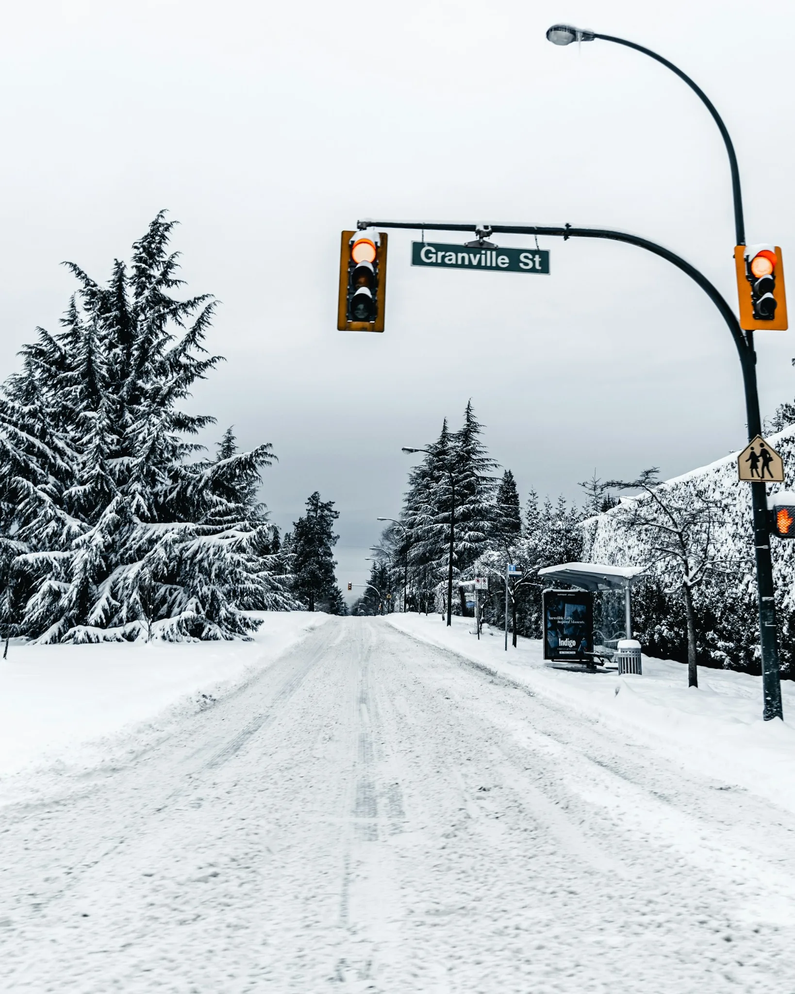 Snow-covered Vancouver street near Granville Street